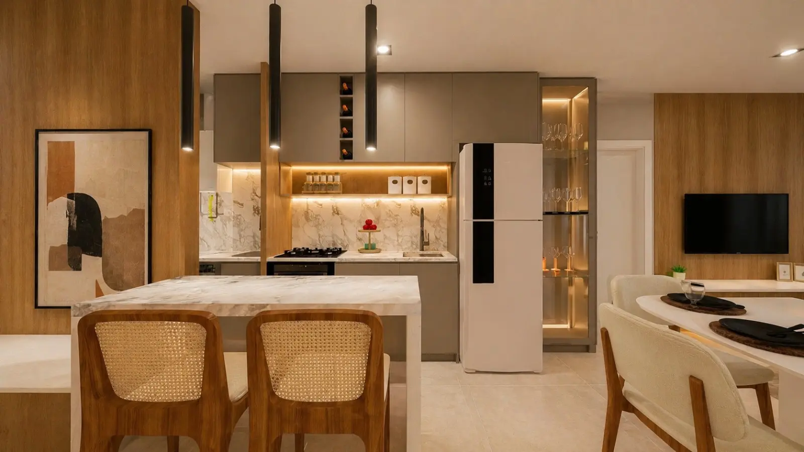 Cozinha integrada do apartamento decorado
